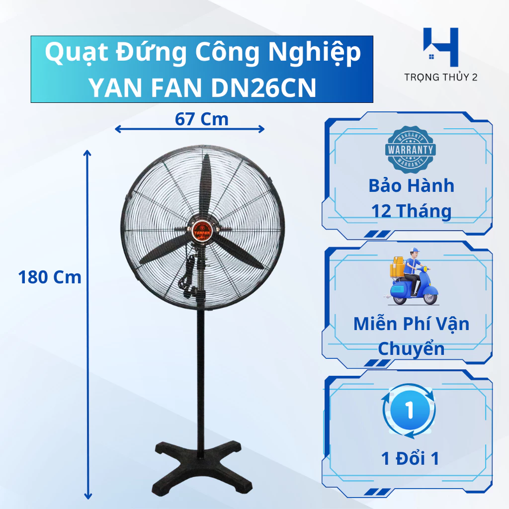 Quạt Đứng Công Nghiệp YAN FAN D26CN - Công Suất 150W, Sải Cánh 65Cm, Cánh Nhôm, Bảo Hành Chính Hãng