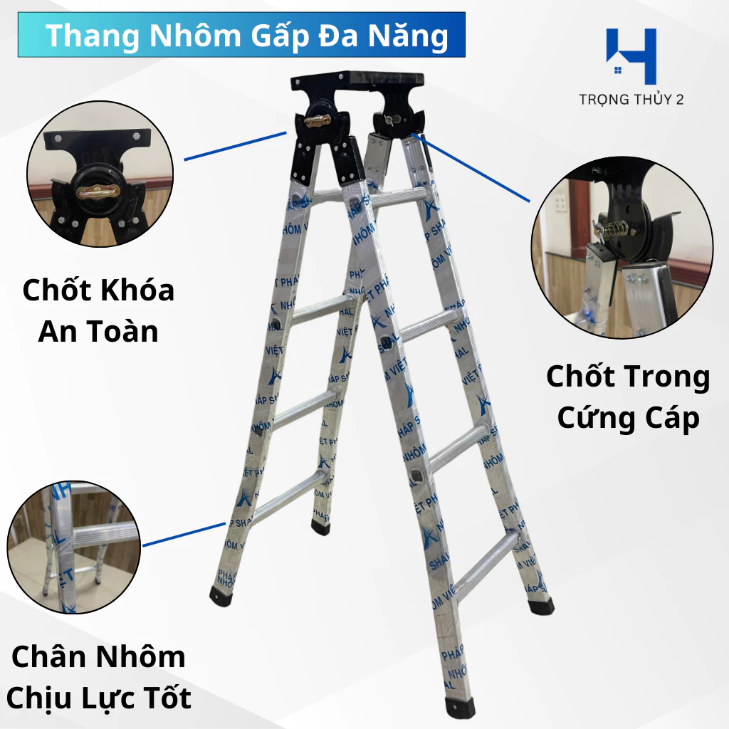 Thang Nhôm Gấp Gọn Chữ A VIỆT PHÁP 1.5m/2m/2.5m - Nhẹ, Bền, Chắc Chắn - Dễ Dàng Gấp Gọn & Di Chuyển
