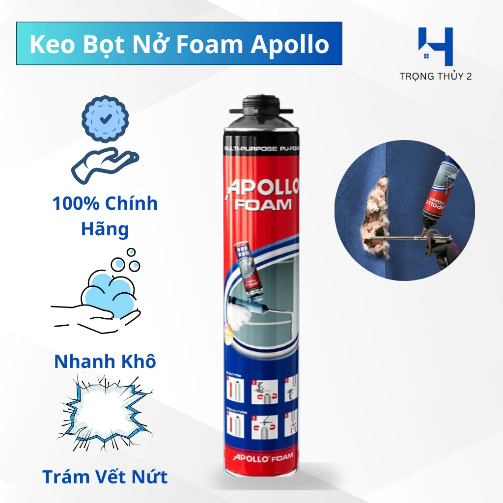 Keo Bọt Nở, Keo Xốp Nở FOAM APOLLO 750ML - Siêu Dính, Nhanh Khô, Chống Thấm + Tặng Kèm Vòi Bơm